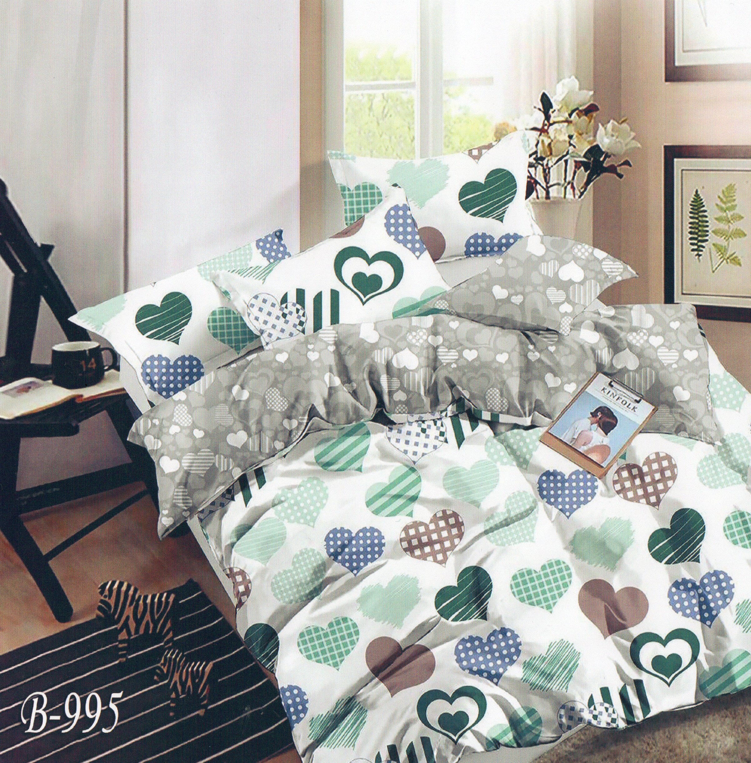 Постільна білизна полуторна (бязь) "Сердечка зелені"