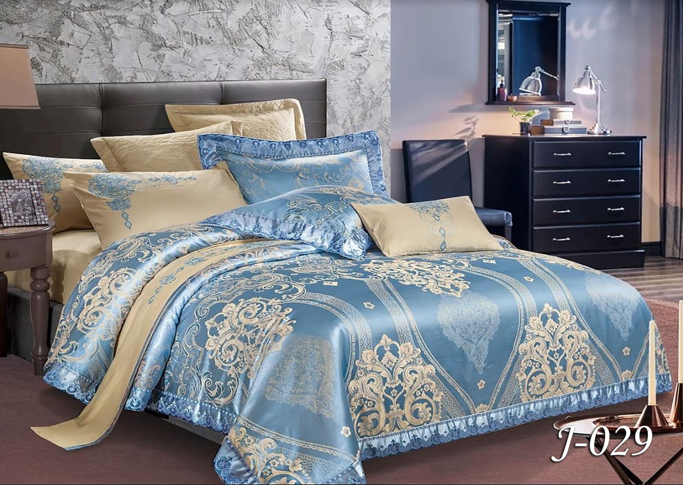 Постільна білизна євро (жаккард) "Бірюза-золото" J-029
